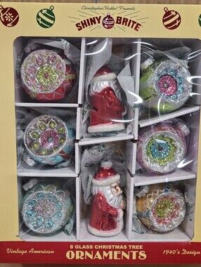 8 Shiny Brite Christmas Ornaments Ornament Retro Pastel Santa